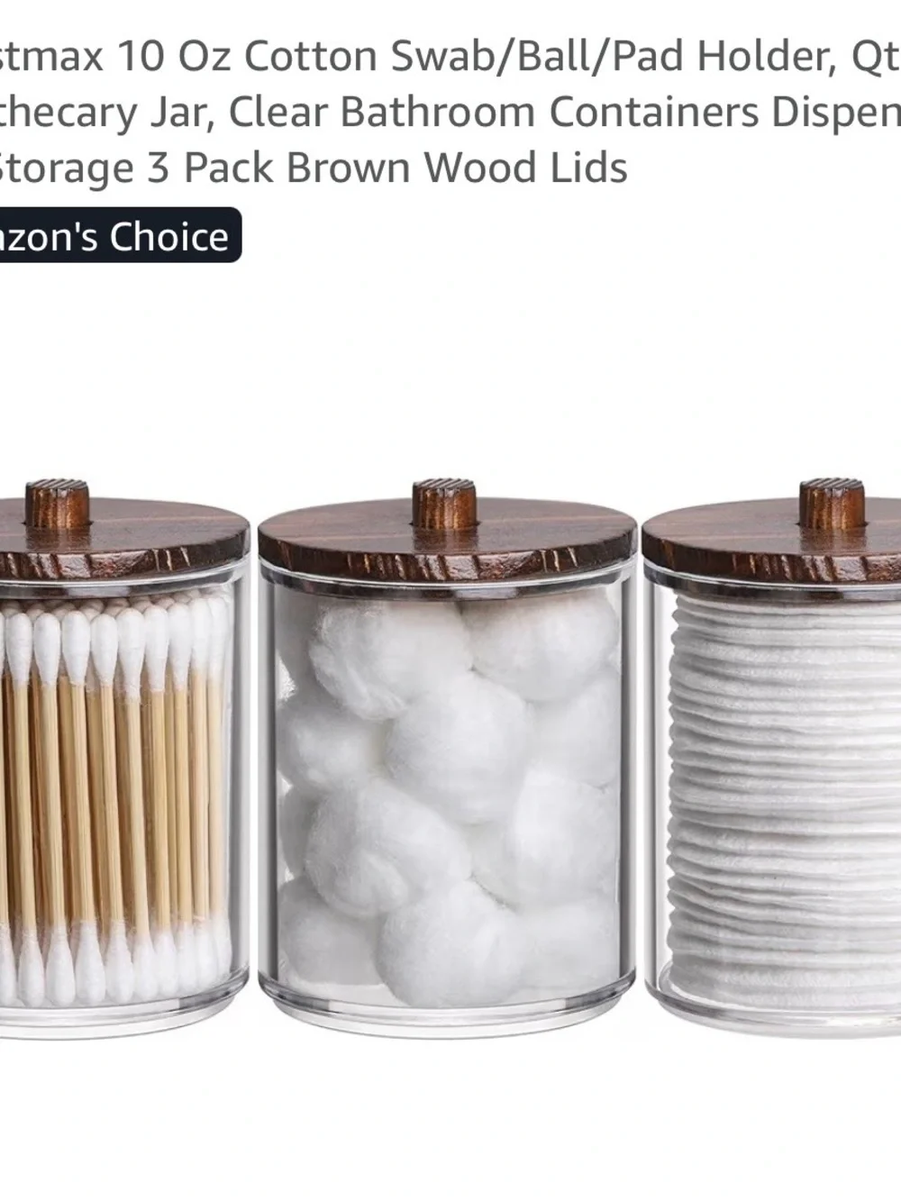 Set of 3 Tbestmax Clear Bathroom Canisters / Q-Tip Holders with Dark Wood Lids
